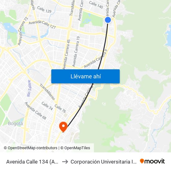 Avenida Calle 134 (Ak 9 - Ac 134) to Corporación Universitaria Iberoamericana map