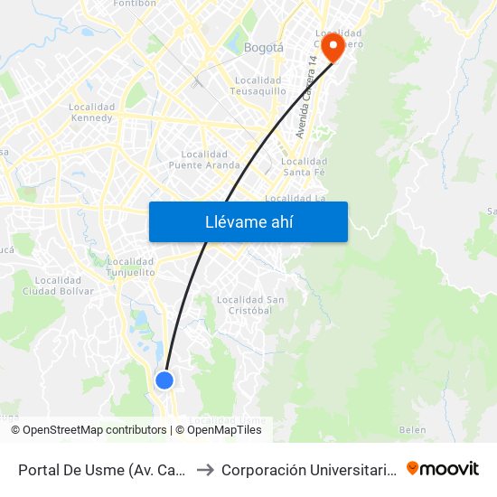 Portal De Usme (Av. Caracas - Cl 64 Sur) to Corporación Universitaria Iberoamericana map