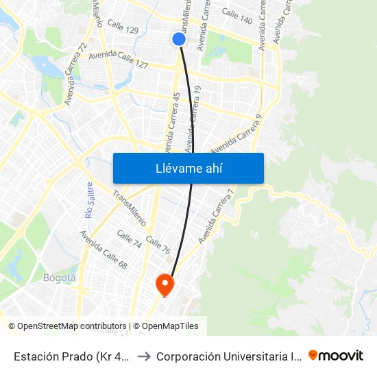 Estación Prado (Kr 45a - Cl 128b) to Corporación Universitaria Iberoamericana map