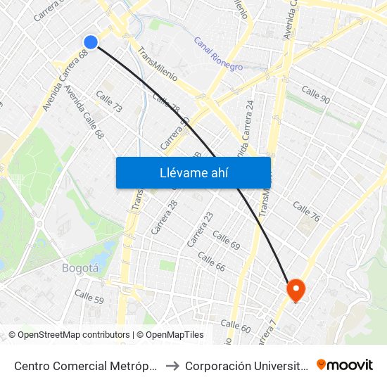 Centro Comercial Metrópolis (Ak 68 - Cl 76a) (C) to Corporación Universitaria Iberoamericana map