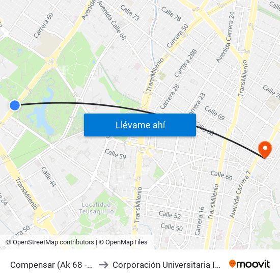 Compensar (Ak 68 - Cl 49a) (B) to Corporación Universitaria Iberoamericana map