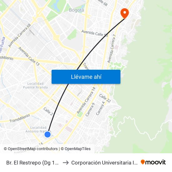 Br. El Restrepo (Dg 12 Sur - Kr 18) to Corporación Universitaria Iberoamericana map