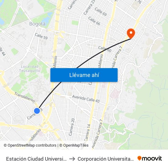 Estación Ciudad Universitaria (Kr 33 - Ac 26) to Corporación Universitaria Iberoamericana map