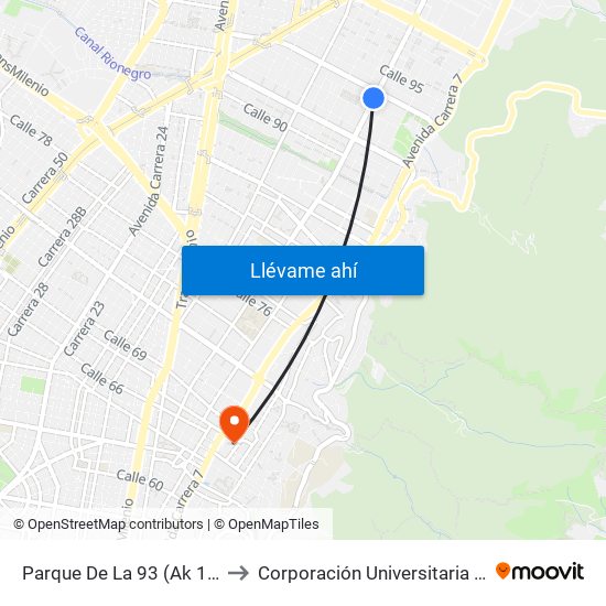 Parque De La 93 (Ak 11 - Cl 93a) (B) to Corporación Universitaria Iberoamericana map