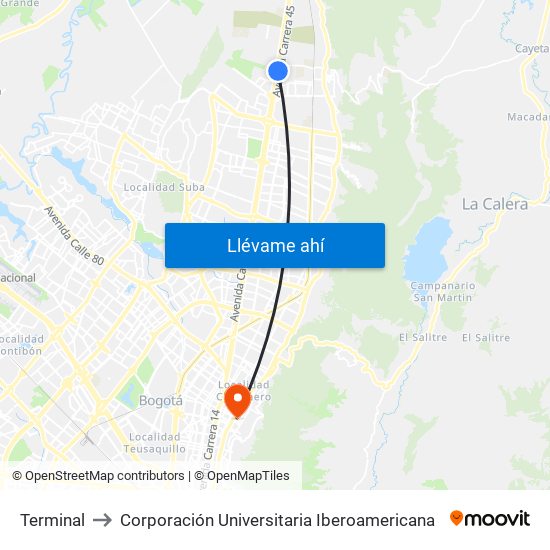 Terminal to Corporación Universitaria Iberoamericana map