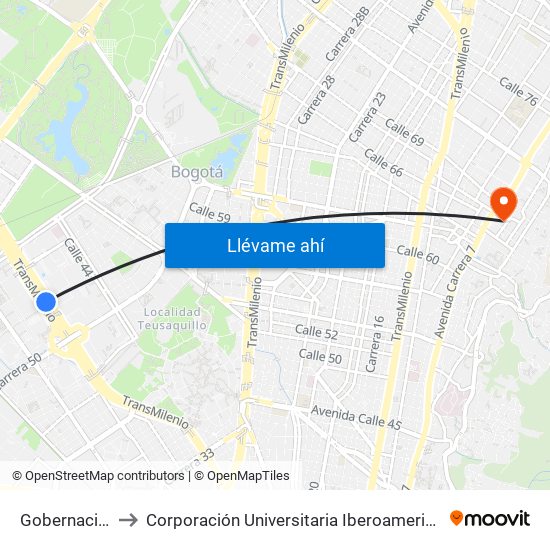 Gobernación to Corporación Universitaria Iberoamericana map