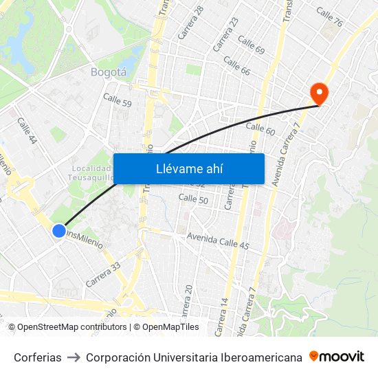 Corferias to Corporación Universitaria Iberoamericana map