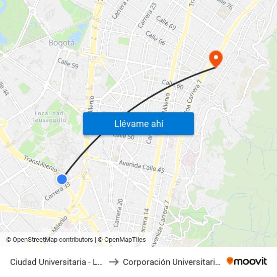 Ciudad Universitaria - Lotería De Bogotá to Corporación Universitaria Iberoamericana map