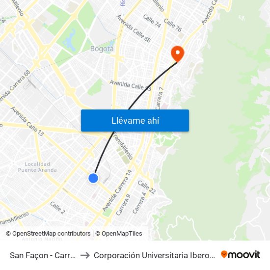 San Façon - Carrera 22 to Corporación Universitaria Iberoamericana map