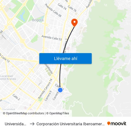 Universidades to Corporación Universitaria Iberoamericana map