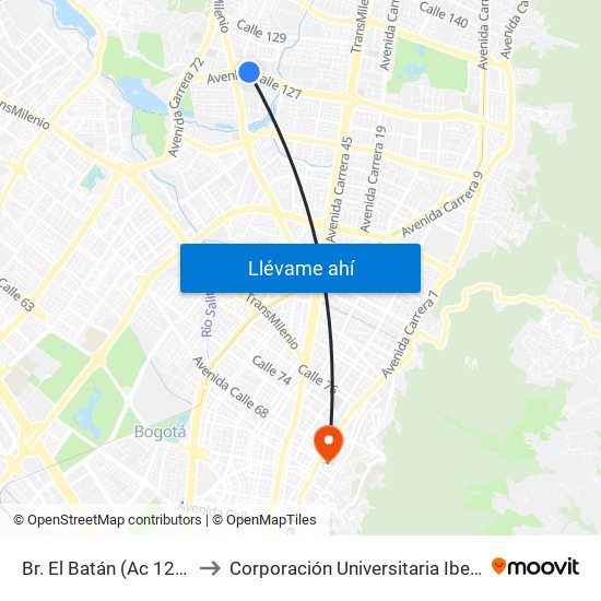 Br. El Batán (Ac 127 - Kr 57) to Corporación Universitaria Iberoamericana map