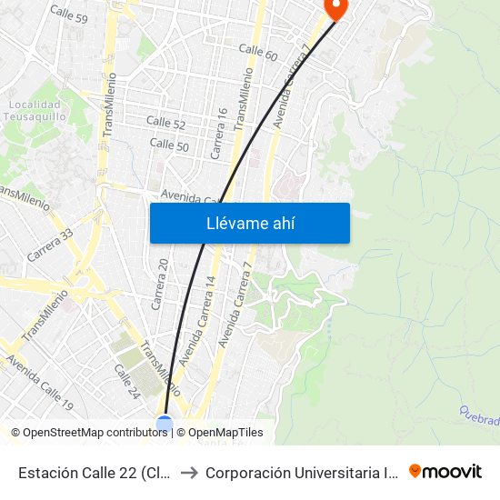 Estación Calle 22 (Cl 24 - Kr 13a) to Corporación Universitaria Iberoamericana map