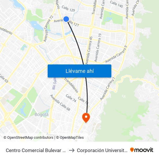 Centro Comercial Bulevar Niza (Ac 127 - Av. Villas) to Corporación Universitaria Iberoamericana map