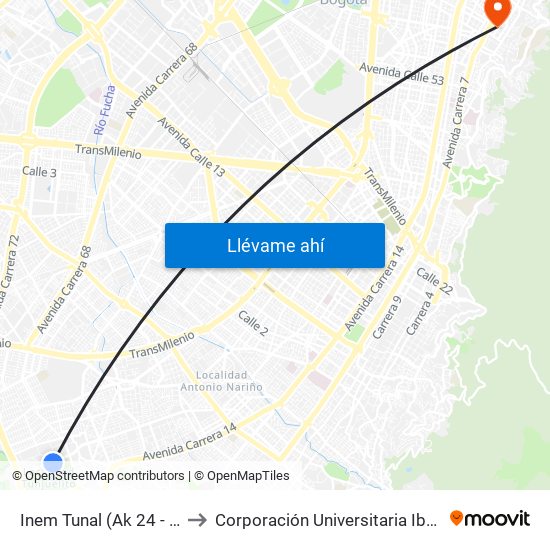 Inem Tunal (Ak 24 - Cl 52 Sur) to Corporación Universitaria Iberoamericana map