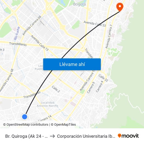 Br. Quiroga (Ak 24 - Ac 36 Sur) to Corporación Universitaria Iberoamericana map