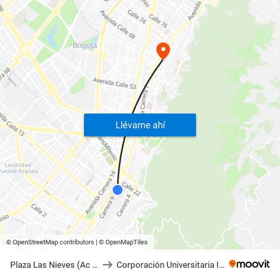 Plaza Las Nieves (Ac 19 - Kr 9) (A) to Corporación Universitaria Iberoamericana map