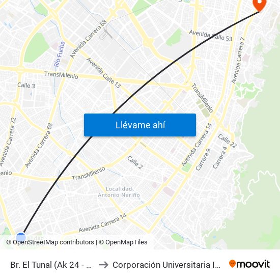 Br. El Tunal (Ak 24 - Av. Boyacá) to Corporación Universitaria Iberoamericana map