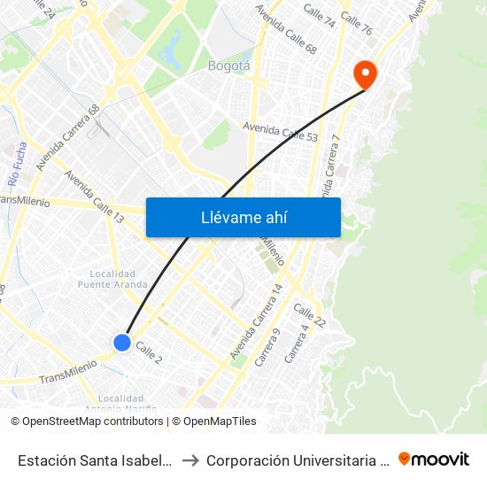 Estación Santa Isabel (Cl 1f - Kr 31) to Corporación Universitaria Iberoamericana map