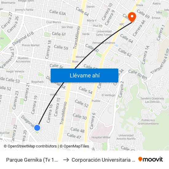 Parque Gernika (Tv 17 - Dg 46a) (A) to Corporación Universitaria Iberoamericana map