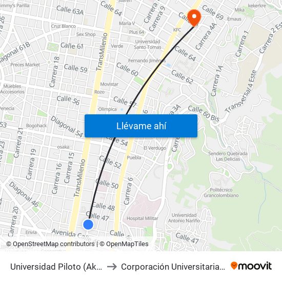 Universidad Piloto (Ak 13 - Cl 46) (A) to Corporación Universitaria Iberoamericana map