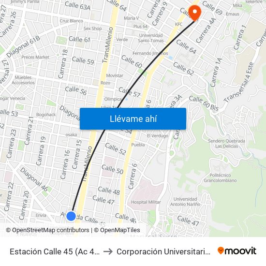 Estación Calle 45 (Ac 45 - Av. Caracas) to Corporación Universitaria Iberoamericana map