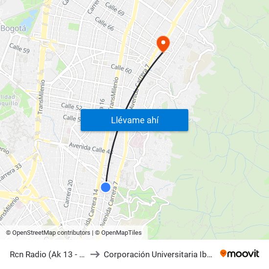 Rcn Radio (Ak 13 - Cl 38) (A) to Corporación Universitaria Iberoamericana map