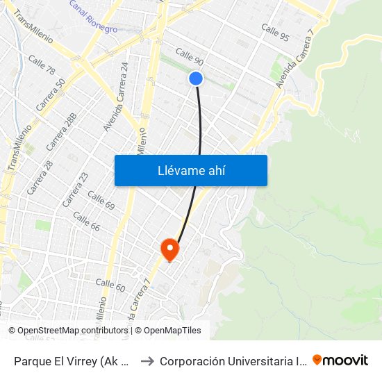 Parque El Virrey (Ak 15 - Cl 87) (A) to Corporación Universitaria Iberoamericana map