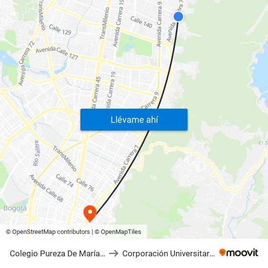 Colegio Pureza De María (Ak 7 - Cl 147) (A) to Corporación Universitaria Iberoamericana map