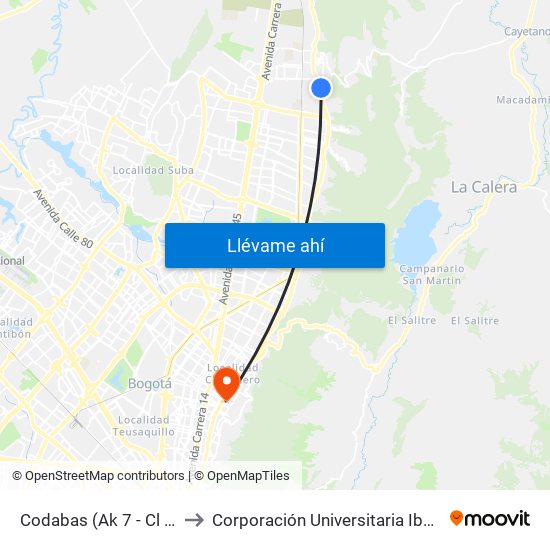 Codabas (Ak 7 - Cl 181a) (A) to Corporación Universitaria Iberoamericana map