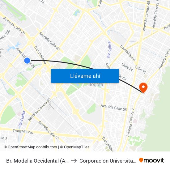 Br. Modelia Occidental (Av. Esperanza - Kr 81) to Corporación Universitaria Iberoamericana map