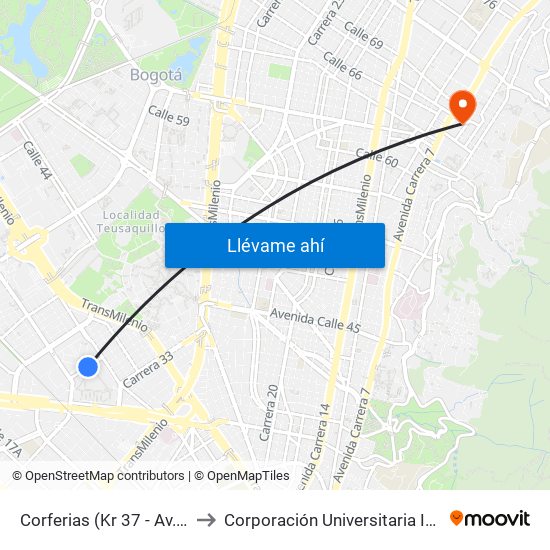 Corferias (Kr 37 - Av. Esperanza) to Corporación Universitaria Iberoamericana map