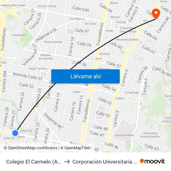 Colegio El Carmelo (Ac 45 - Kr 25a) to Corporación Universitaria Iberoamericana map