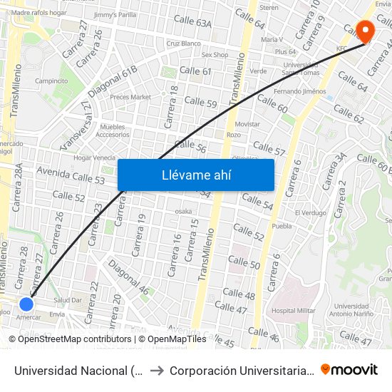 Universidad Nacional (Ac 45 - Kr 27a) to Corporación Universitaria Iberoamericana map