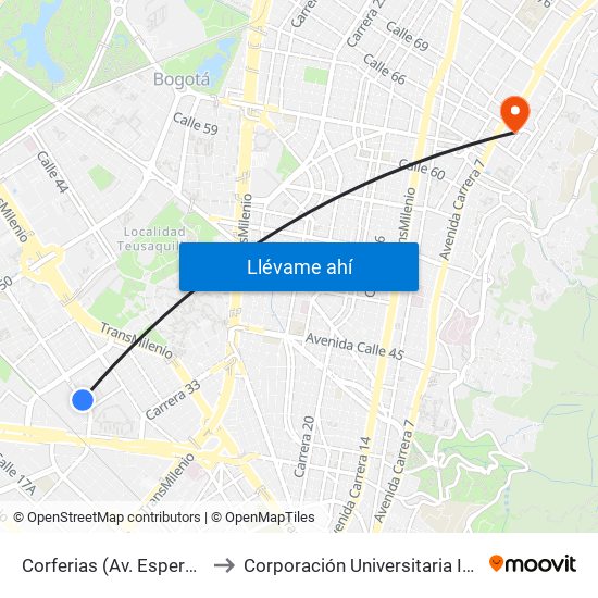 Corferias (Av. Esperanza - Kr 37) to Corporación Universitaria Iberoamericana map