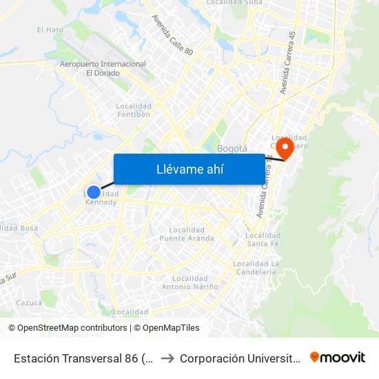 Estación Transversal 86 (Av. Américas - Kr 80c) to Corporación Universitaria Iberoamericana map