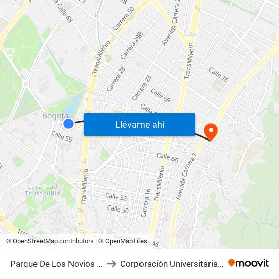 Parque De Los Novios (Ac 63 - Kr 45) to Corporación Universitaria Iberoamericana map