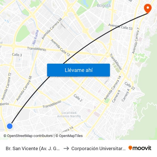 Br. San Vicente (Av. J. Gaitán C. - Cl 54 Sur) to Corporación Universitaria Iberoamericana map