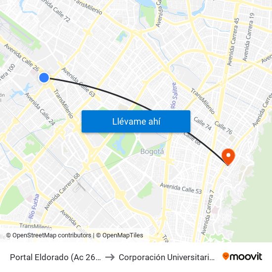 Portal Eldorado (Ac 26 - Av. C. De Cali) to Corporación Universitaria Iberoamericana map