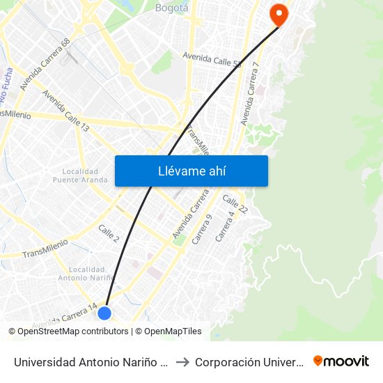 Universidad Antonio Nariño (Av. 1 De Mayo - Kr 13 Bis) (A) to Corporación Universitaria Iberoamericana map