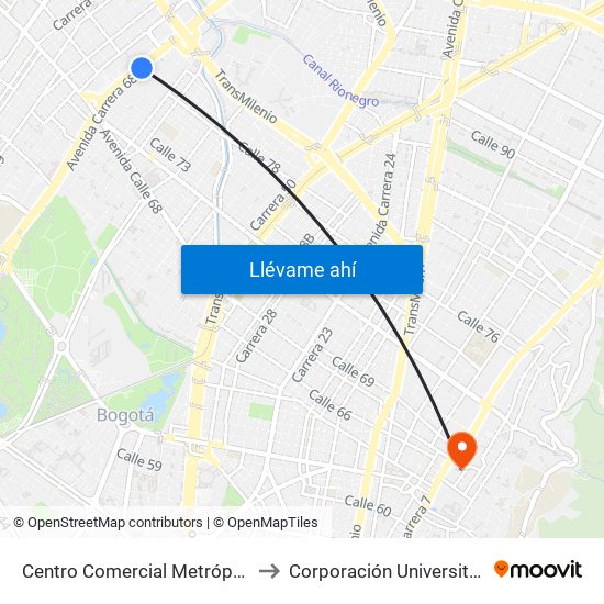 Centro Comercial Metrópolis (Ak 68 - Cl 75a) (A) to Corporación Universitaria Iberoamericana map