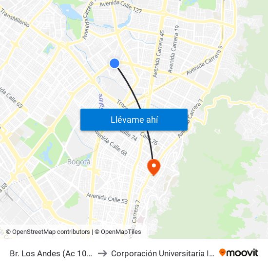 Br. Los Andes (Ac 100 - Kr 66) (B) to Corporación Universitaria Iberoamericana map