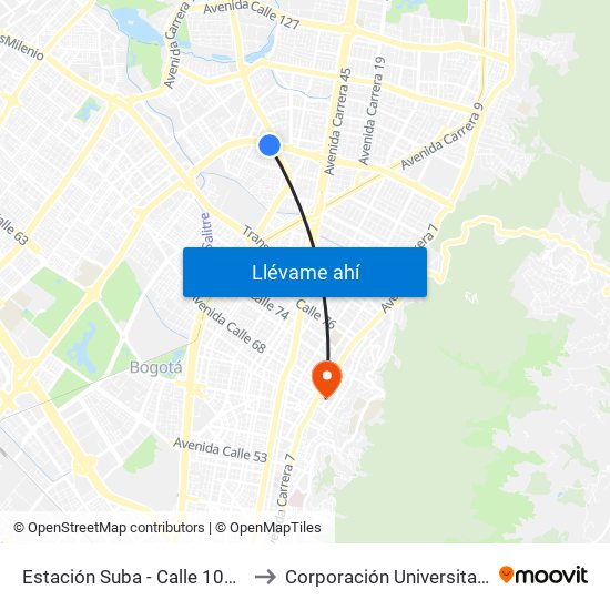 Estación Suba - Calle 100 (Ac 100 - Kr 60) (A) to Corporación Universitaria Iberoamericana map
