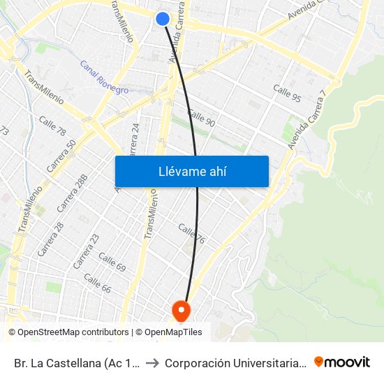 Br. La Castellana (Ac 100 - Kr 45) (A) to Corporación Universitaria Iberoamericana map