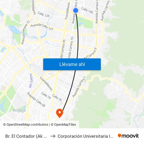 Br. El Contador (Ak 19 - Cl 135) to Corporación Universitaria Iberoamericana map