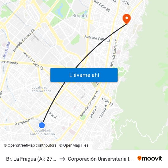 Br. La Fragua (Ak 27 - Cl 14 Sur) to Corporación Universitaria Iberoamericana map