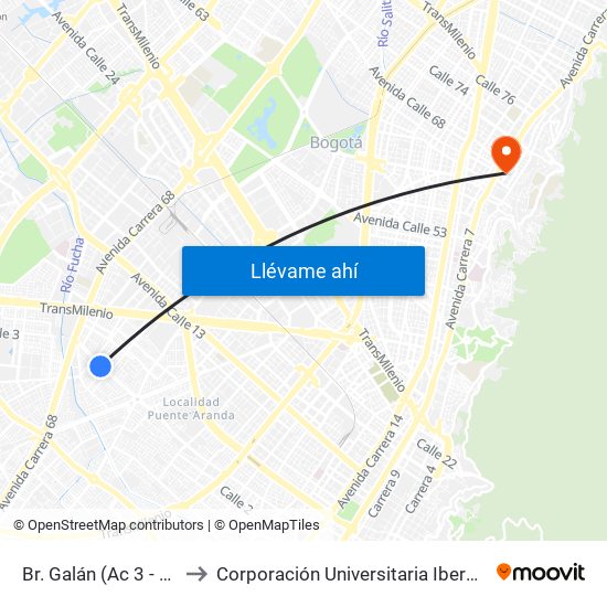 Br. Galán (Ac 3 - Kr 56a) to Corporación Universitaria Iberoamericana map