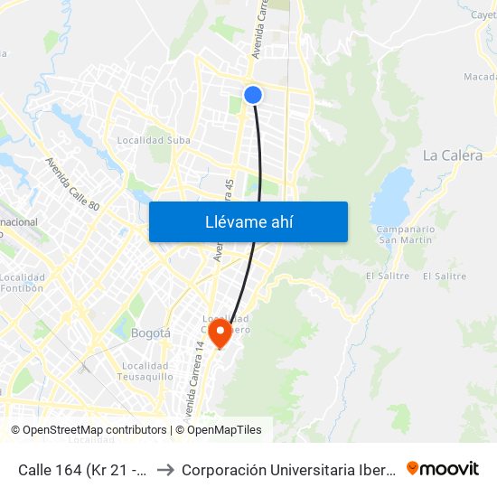 Calle 164 (Kr 21 - Cl 164) to Corporación Universitaria Iberoamericana map