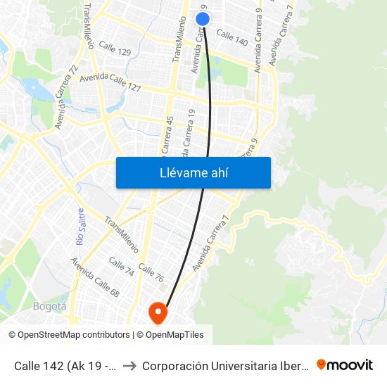 Calle 142 (Ak 19 - Cl 142) to Corporación Universitaria Iberoamericana map