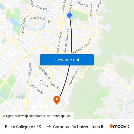 Br. La Calleja (Ak 19 - Cl 128b) to Corporación Universitaria Iberoamericana map