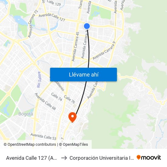 Avenida Calle 127 (Ak 19 - Cl 126) to Corporación Universitaria Iberoamericana map